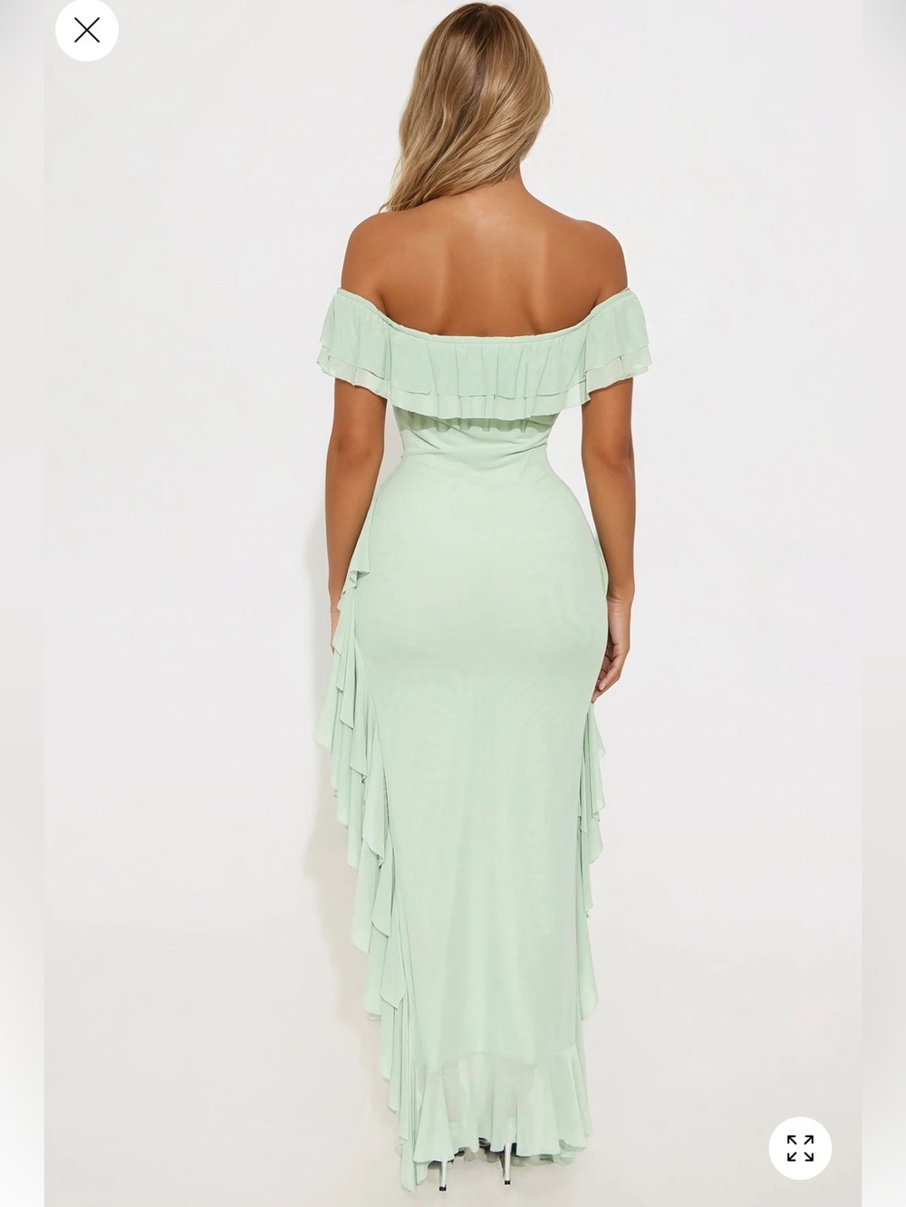 Off-Shoulder Mint Green Ruffled High-Low Dress - Picture 3 of 4
